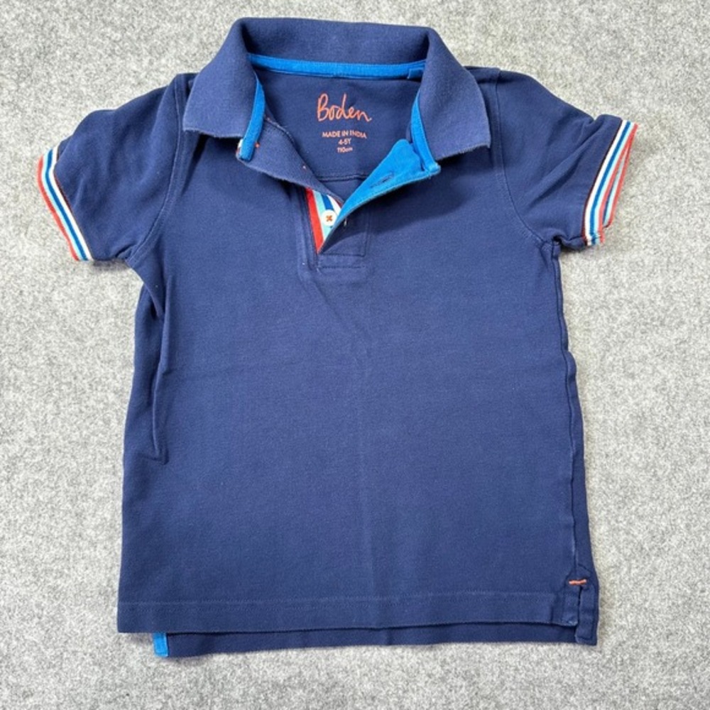 Boden Boys Size 4-5Y Navy Blue Pique Polo Shirt Multi Stripe Trim Preppy Casual